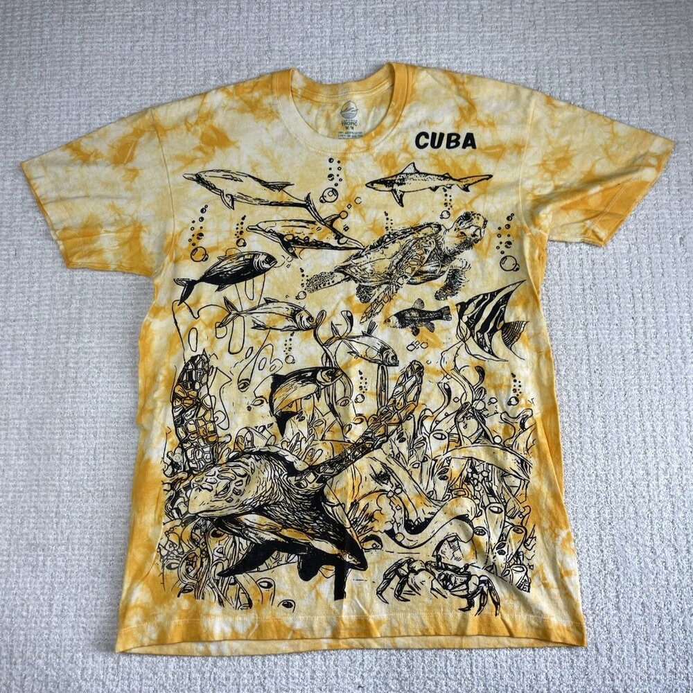 VTG Y2K Caribbean Tropic M Sea Wild life All over print Orange Tie Dye T-Shirt